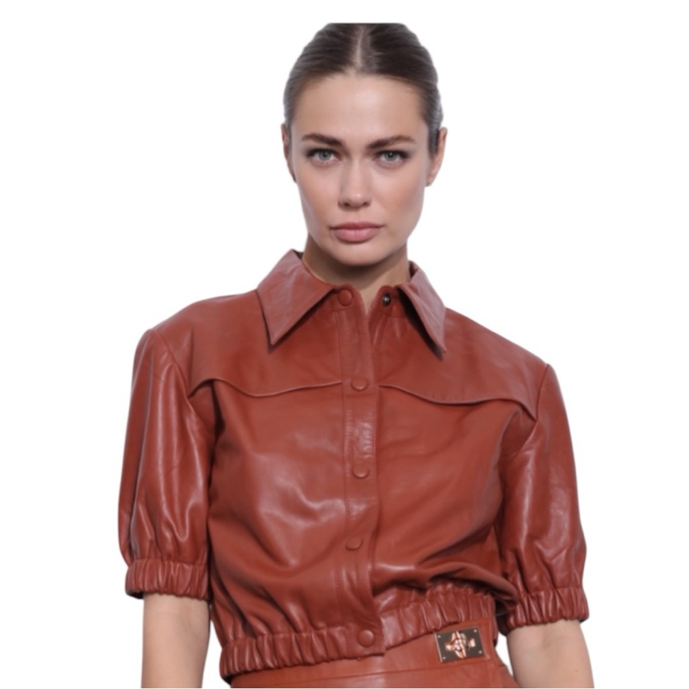 NWT Karina Grimaldi Cropped Brown Collared Paris Leather Top. Size S